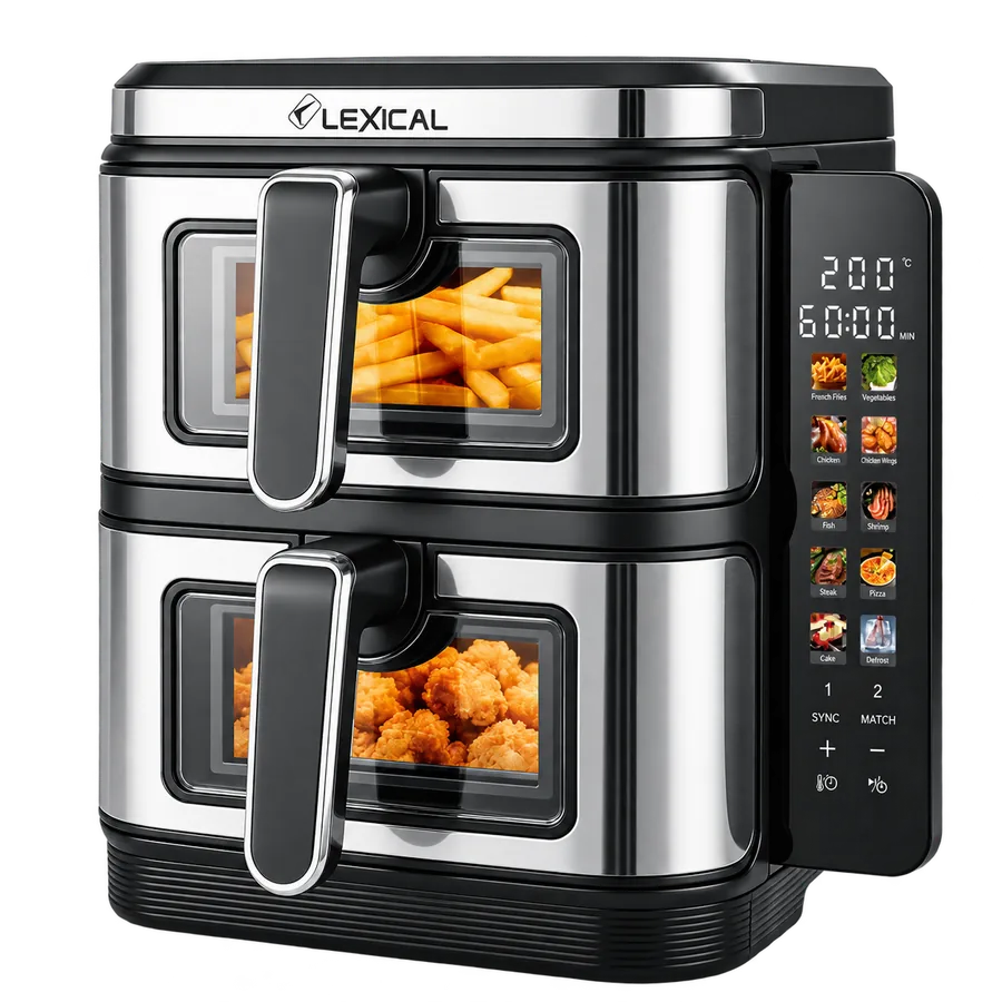 A Lexical double-basket air fryer, assembled: two drawers with viewing windows and a touch control panel.