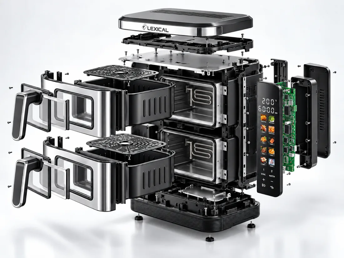 The same air fryer with its parts laid out: the two baskets, the heating element in each chamber, the control board behind the panel, the housing panels and the base.